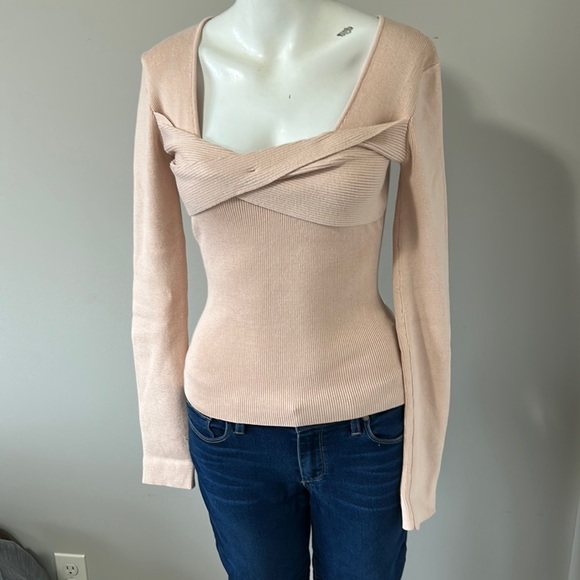 LE SUPERBE Twisted Sister Open Neckline Top Rib Knit Long Sleeve Nude Sz S NEW - Picture 5 of 15